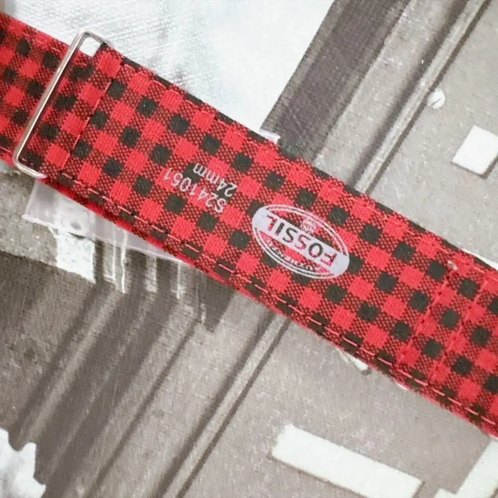 Fossil S241051 24mm Red‑Black Buffalo Plaid Fabric Watch Strap Unisex NWT